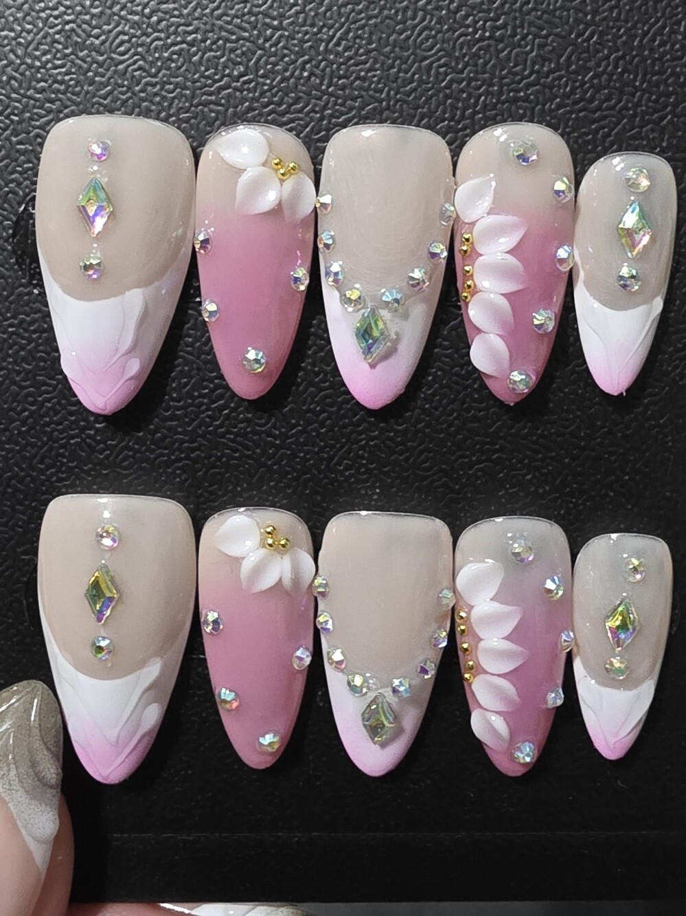 Pink Ombre Floral Acrylic Nail Set with Crystals - Women Makeup